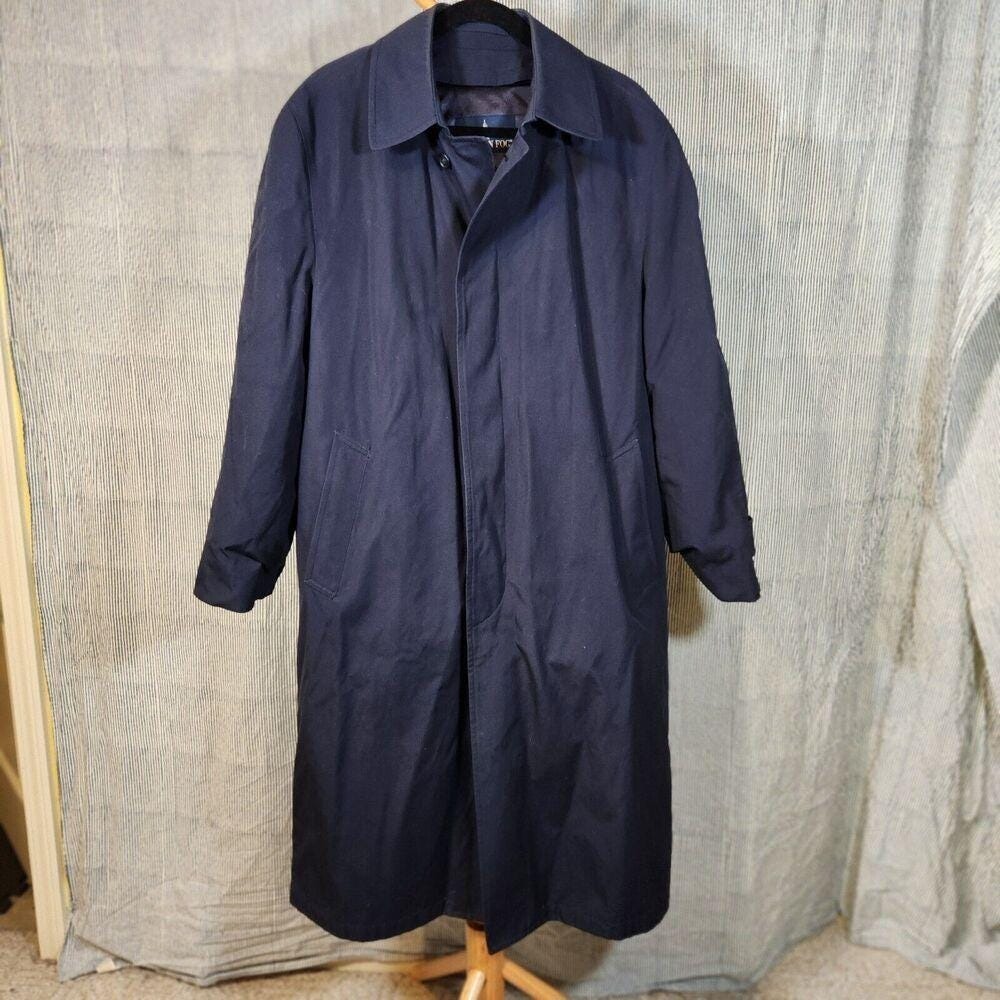 Vintage 80s London Fog 40R $215 Navy Cotton Blend Overcoat Warm Removable Liner